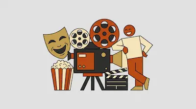 Flat illustration of a movie camera, a comedy mask, popcorn, and a smiling person on a light gray background