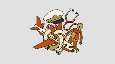 Flat illustration of a knotted airplane, a pilot hat, a stethoscope, and a human figure on a light gray background