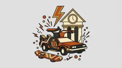 A sports car with gull-wing doors raised in front of a clock building, a lightning bolt above and a wheelless board below.