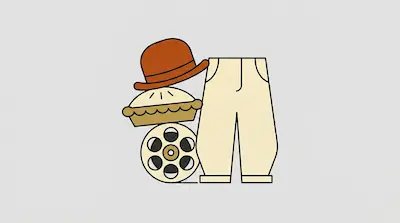 Flat illustration of a brown bowler hat, a baked pie, a film reel, and cream trousers on a light gray background