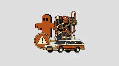 Flat illustration of a station wagon car, a ghost silhouette, and a mechanical proton pack on a gray background