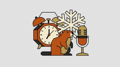 Flat illustration of a groundhog standing by a vintage alarm clock, a snowflake, and a microphone on a gray background