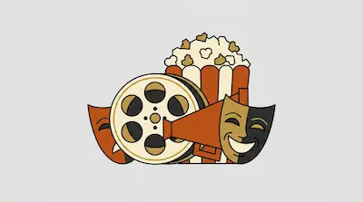 Flat illustration of a film reel, popcorn bucket, and theater masks in orange and gold tones on a gray background
