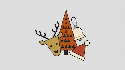 Flat illustration of a reindeer head, a patterned orange tree, a bell, and a Santa hat on a grey background