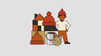 Flat illustration of a person in a beanie standing next to a house, winter hats, and a paint can on a gray background