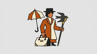 Flat illustration of a person in a hat holding a bird staff and a bag, with a floating umbrella on a gray background