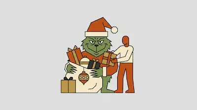 Flat illustration of a green creature in a Santa hat holding a sack of gifts while a person hands it a present.