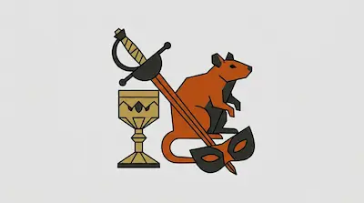 Flat illustration of a brown rat sitting behind a rapier sword, a golden chalice, and a black masquerade mask