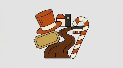 Flat illustration of an orange top hat, a golden ticket, and a striped candy cane beside a chocolate river