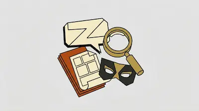 Flat illustration of a magnifying glass, a superhero mask, and a comic book page on a light gray background