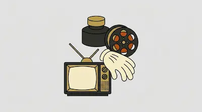 Flat illustration of a vintage television, a film reel, an ink bottle, and a cartoon glove on a light gray background