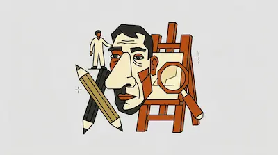 Flat illustration of a stylized face surrounded by an easel, pencils, and a small figure on a light grey background