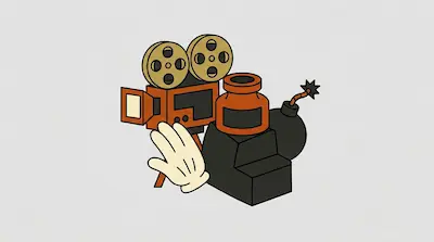 Flat illustration of a vintage film camera, a cartoon gloved hand, and a round bomb with a lit fuse on a gray background