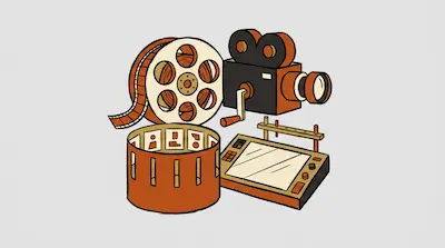 Flat illustration of a vintage film reel, a hand-cranked movie camera, and a zoetrope on a light gray background