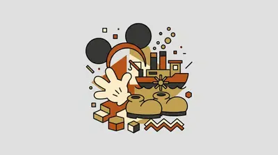 A headband with round black mouse ears, a white cartoon glove, a little paddle steamboat, and a pair of big yellow shoes.