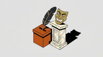 Flat illustration of a quill in a ballot box next to a theater mask on a pedestal with a long shadow