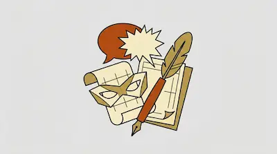 Flat illustration of a quill pen, a mask, and speech bubbles over paper scrolls on a light gray background