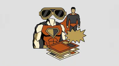 Flat illustration of a superhero torso, a small caped figure, goggles, and comic book pages on a gray background