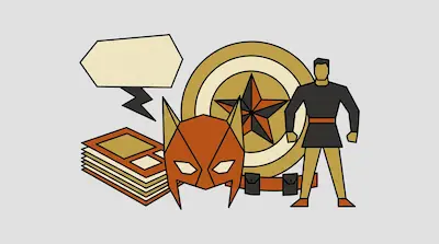 Flat illustration of a superhero figure, a pointed mask, a star shield, and a comic book on a gray background