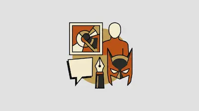 Flat illustration of a comic book mask, a speech bubble, and a fountain pen nib in orange and cream tones