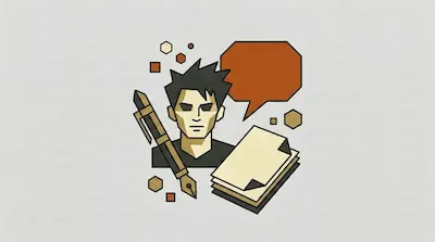 Flat illustration of a man with spiky hair, a fountain pen, a notebook, and a speech bubble on a textured background