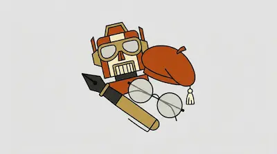 Flat illustration of a retro robot head, a fountain pen, round glasses, and a red beret on a light gray background