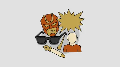 Flat illustration of a superhero mask, black sunglasses, a fountain pen, and a speech bubble on a gray background