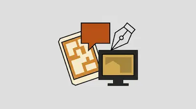 Flat illustration of a computer monitor, a tablet, a speech bubble, and a pen nib icon on a light gray background