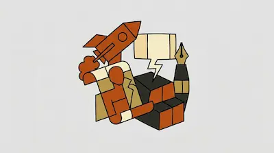 Flat illustration of a stylized human figure with a rocket head, a fountain pen, and a speech bubble on a gray background