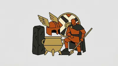 Flat illustration of a Viking warrior with a spear, a winged helmet, and a round shield on a light gray background
