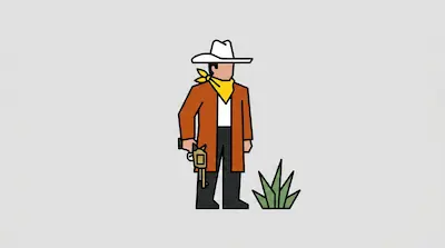 Flat illustration of a cowboy in a white hat and orange coat holding a revolver next to a desert plant on a gray background