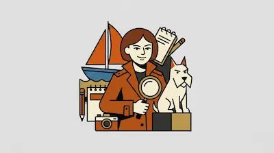 Flat illustration of a woman holding a magnifying glass next to a white dog, a sailboat, and a camera on a grey background