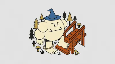 Flat illustration of a large round troll wearing a wizard hat walking up wooden stairs in a forest of pine trees
