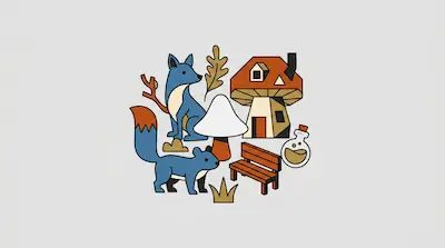 Flat illustration of a blue fox, a mushroom house, and a wooden bench in a whimsical forest style on a gray background