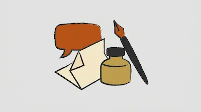 Flat illustration of a fountain pen, an inkwell, a folded paper, and a speech bubble on a light gray background