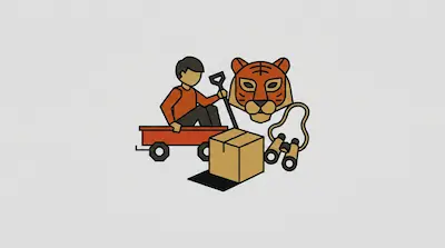 Flat illustration of a boy in a red wagon next to a tiger head, a cardboard box, and binoculars on a gray background