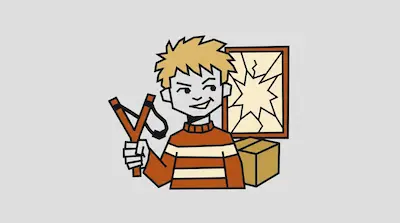 Flat illustration of a mischievous boy holding a slingshot in front of a shattered window and a cardboard box