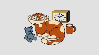 Flat illustration of a sleeping ginger cat surrounded by a bowl of pasta, a teddy bear, and a square clock.