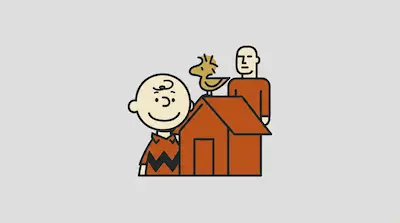 Flat illustration of a boy in a zigzag shirt standing by a doghouse with a bird and a man on a gray background