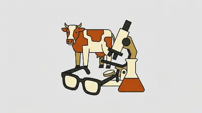 Flat illustration of a brown and white cow standing behind a microscope, glasses, and a beaker on a gray background