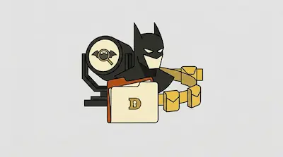 Flat illustration of a superhero bust, a yellow utility belt, a file folder, and a bat signal on a light gray background