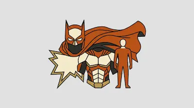 Flat illustration of a masked hero in orange armor with a flowing cape and a simple human figure on a gray background