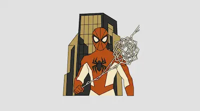 Flat illustration of a masked superhero in a red and white suit holding a web in front of a tall city building