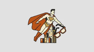 Flat illustration of a superhero flying over a city skyline while holding a large pair of orange glasses.