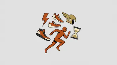 Flat illustration of a running man surrounded by sneakers, a lightning bolt, a winged helmet, and an hourglass.