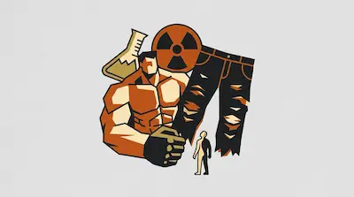Flat illustration of a muscular man, torn jeans, a radiation symbol, and a beaker on a light gray background