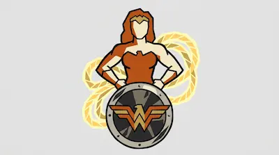 Flat illustration of a faceless female superhero with a shield and a glowing golden lasso on a light gray background
