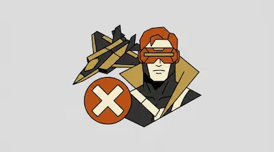 Flat illustration of a man wearing a visor next to a fighter jet and a circular X symbol on a light gray background