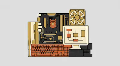 A stylized arrangement of computer hardware including a motherboard, cooling fan, monitor, and keyboard.