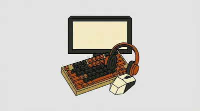 A computer monitor, an orange and black mechanical keyboard, matching headphones, and a geometric mouse.